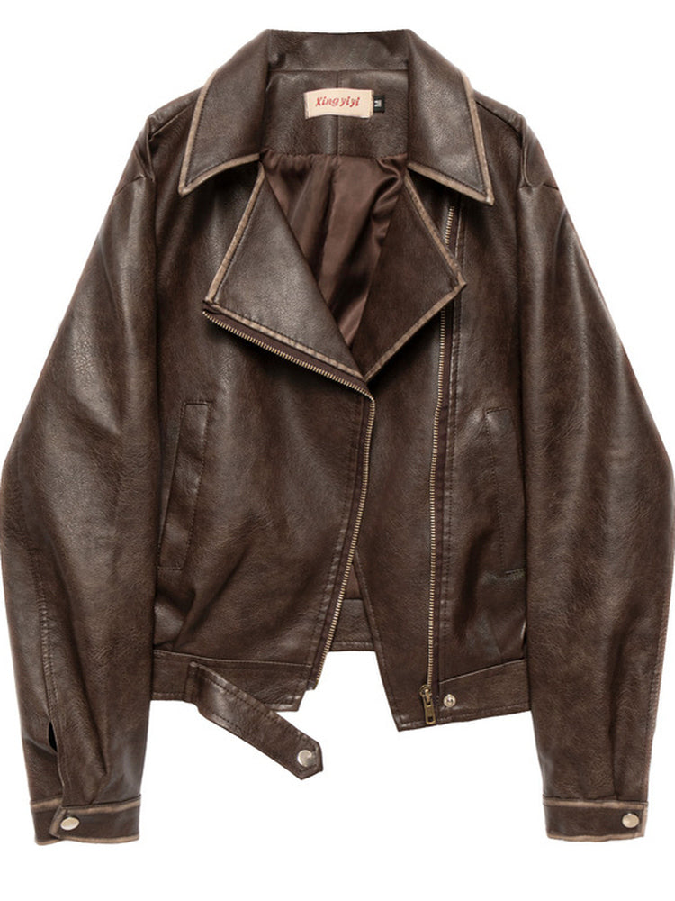 Qadınlar üçün qara yaxalı dəri gödəkçə, 2025 Yeni Amerika Retro Motosiklet Stilində Boş Qısa Gödəkçə Top