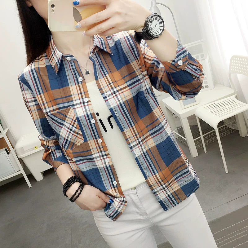Plaid köynək qadın uzunqol yeni Koreya üslublu retro Honq Konq üslublu alt köynək böyük ölçülü yaz və payız təsadüfi tək geyimli gödəkçə