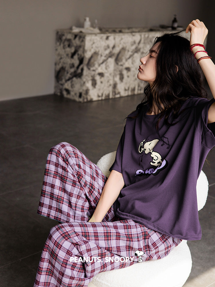 Qadınlar üçün Beiyan Snoopy pijama, nazik pambıq qısaqol, plaid şalvar, böyük ölçülü kostyum ev paltarından kənarda geyinmək olar
