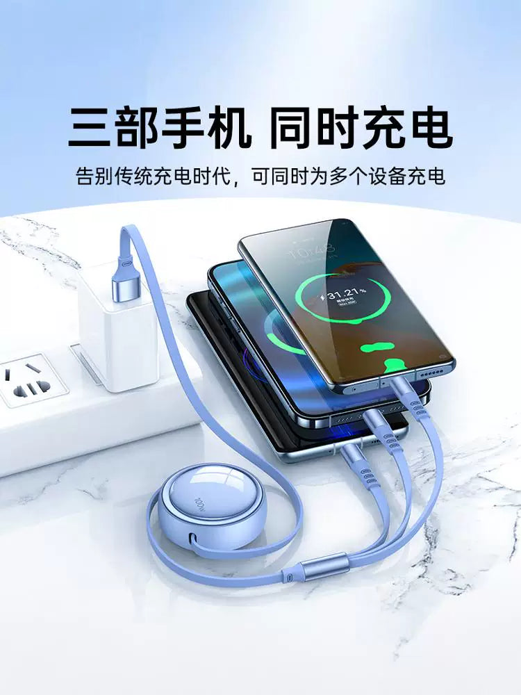 Avtomobil şarj cihazı, 100 Vt məlumat kabeli, super sürətli şarj, 3-ü 1-də geri çəkilə bilən kabel, Apple, Android və Type-C ilə uyğundur.