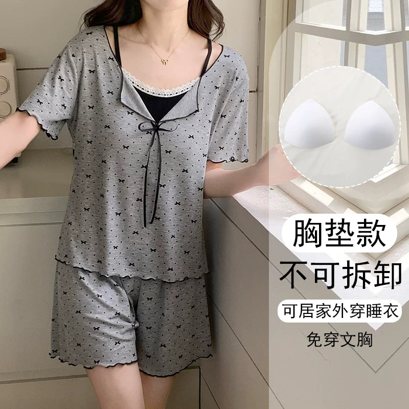 Yay Qadın Pijama Dəsti 2026 Yeni Modal Buz İpək Nazik Qısaqol Döş Yastıqları ilə Böyük Ölçü Ev Geyimi