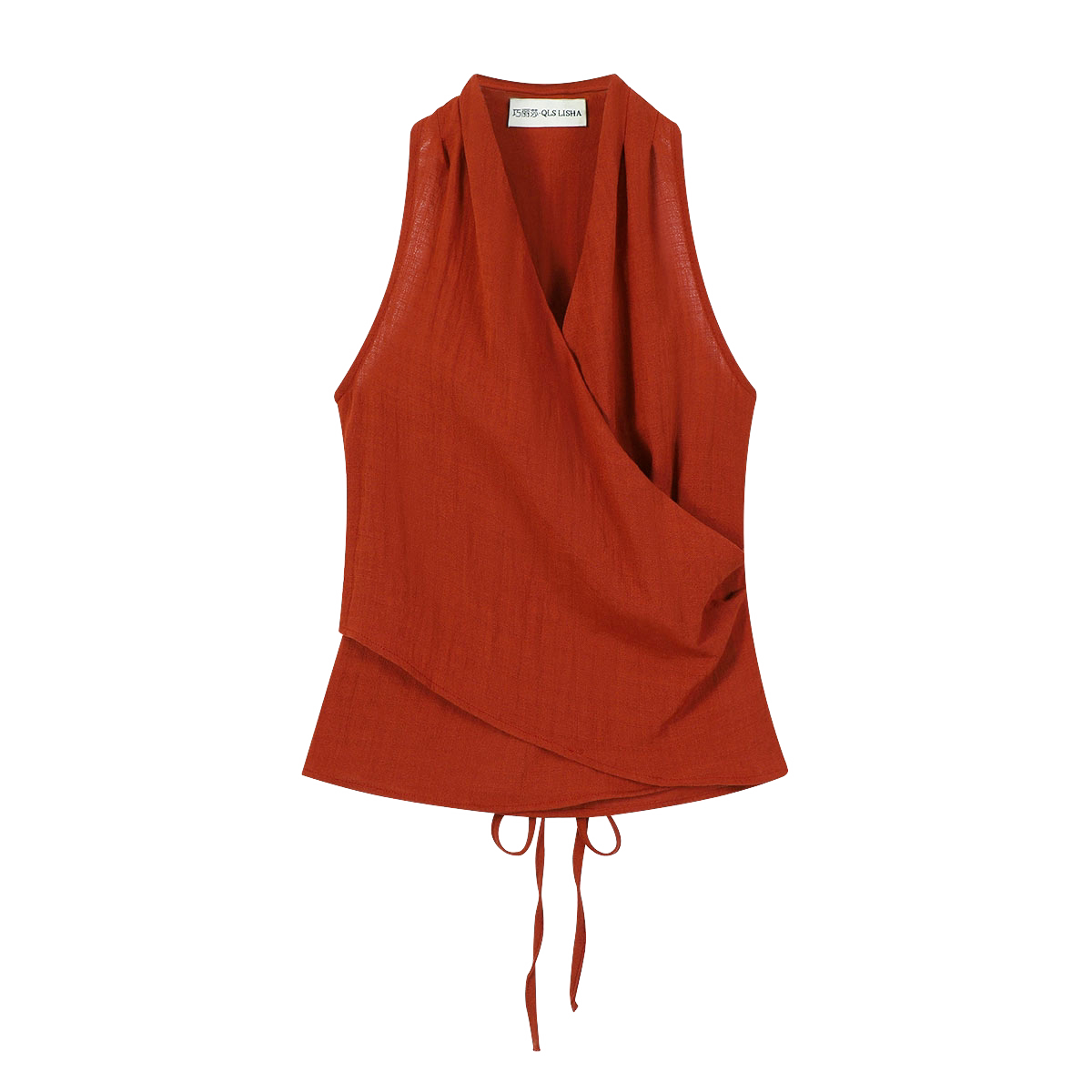 Chola Lisa Fransız üslubunda yüksək keyfiyyətli qırmızı yedəkli yaxalı V-yaxalı qadın topu, yay üçün nazik, incə formalı qolsuz jilet köynək