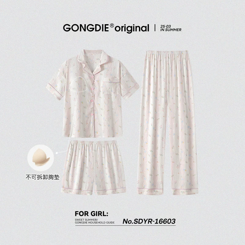 Gong Die [3 parça dəst] qadınlar üçün döş yastıqlı yay pijama, gündəlik sərin üst geyim, qısaqol şalvar, köynək, ev paltarı
