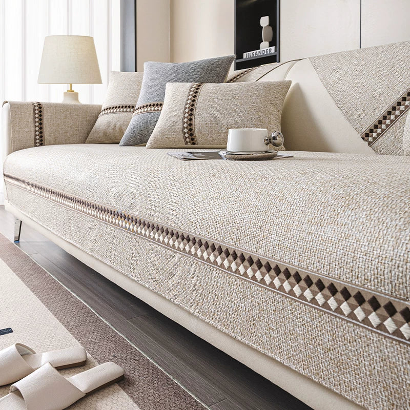 İmitasiya pambıq və kətan divan yastığı 2026 yeni dörd mövsüm universal sadə yüksək səviyyəli dəri divan yastığı sürüşməyən örtük örtüyü örtüyü