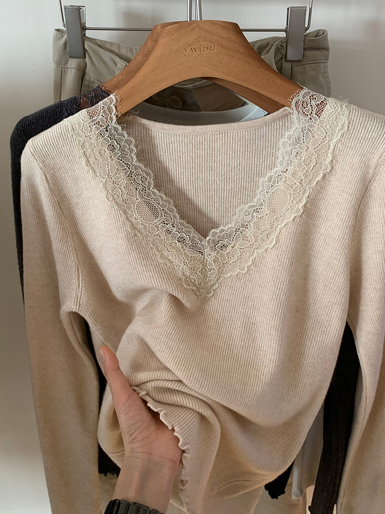 Qadınlar üçün sadə rəngli V-formalı krujeva əsas qatlı top, 2025 payız yeni Koreya üslubunda sadə üslublu daxili qatlı top.