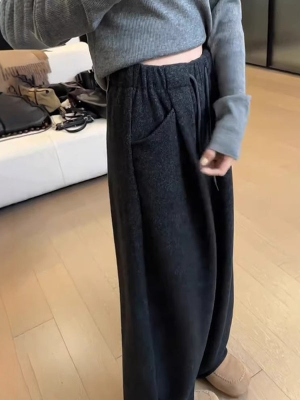 Qadınlar üçün qara əyri bıçaqlı gündəlik şalvar, 2026 Yeni Payız və Qış Plus Ölçülü Boş Formalı Boyfriend Stilində Axıcı Geniş Ayaqlı Şalvar