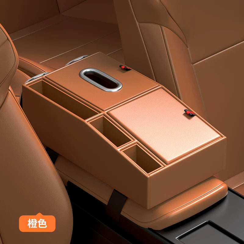 Premium-looking multi-functional car armrest storage box, car tissue box, double cup holder and center storage box.