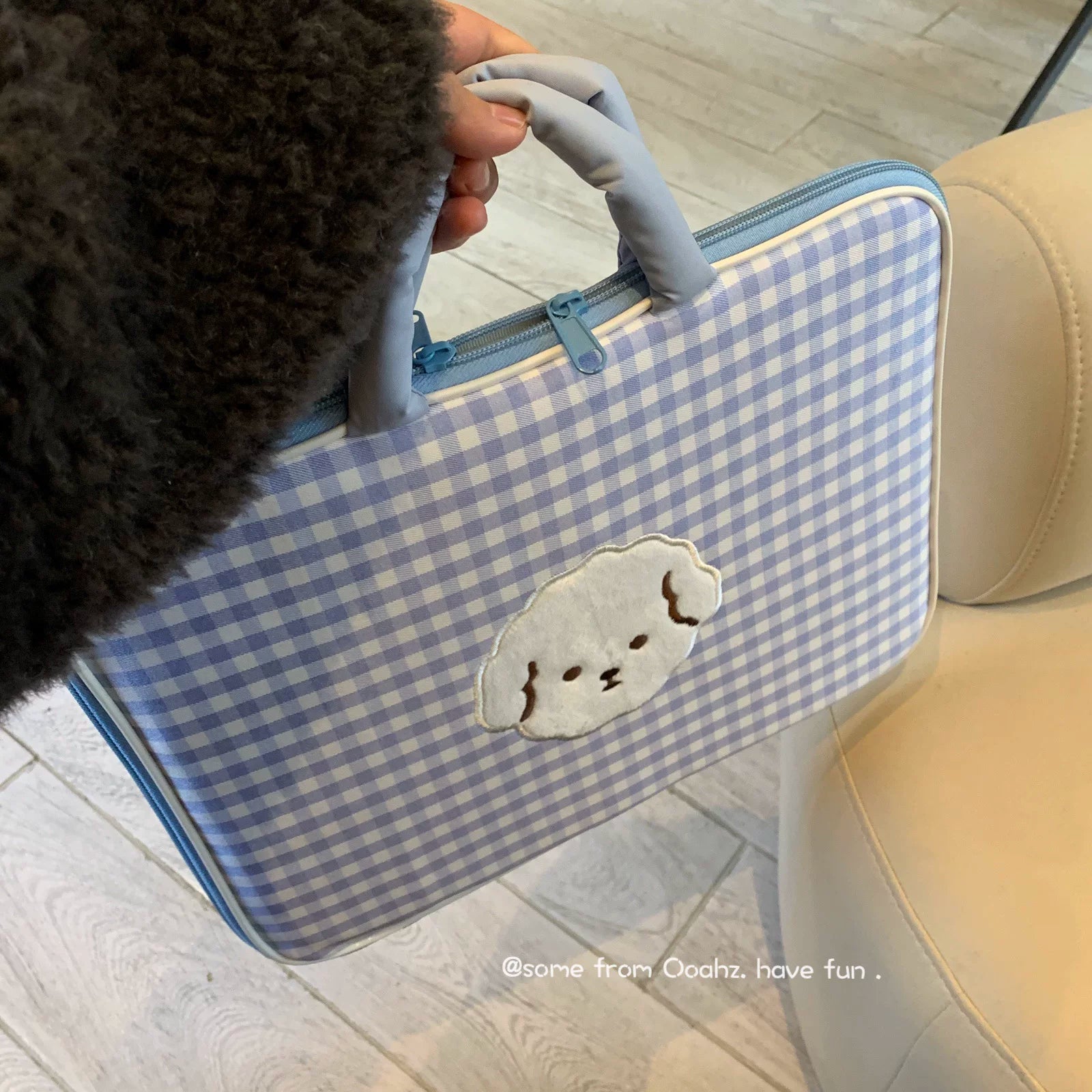 Bichon Blue Checkerboard~Koreya Sevimli Cizgi Film Portativ Noutbuk Saxlama Çantası 13 düymlük Layner Qoruyucu Çanta