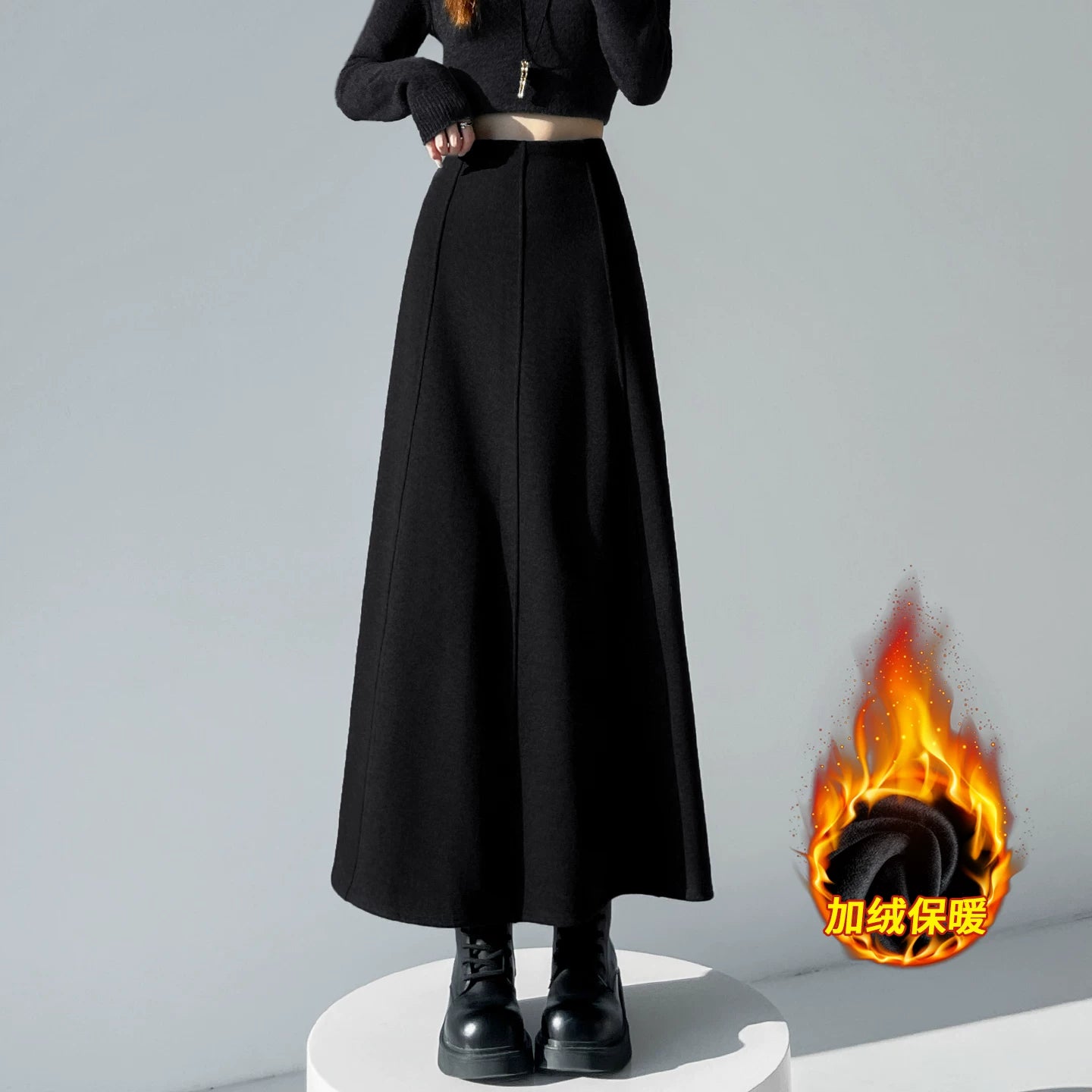 Qadın üçün kaşmir asetat yun midi ətək, yeni payız/qış üslubunda, yüksək belli, arıqladıcı A-xəttli maksi ətək, axıcı və çoxfunksiyalı.