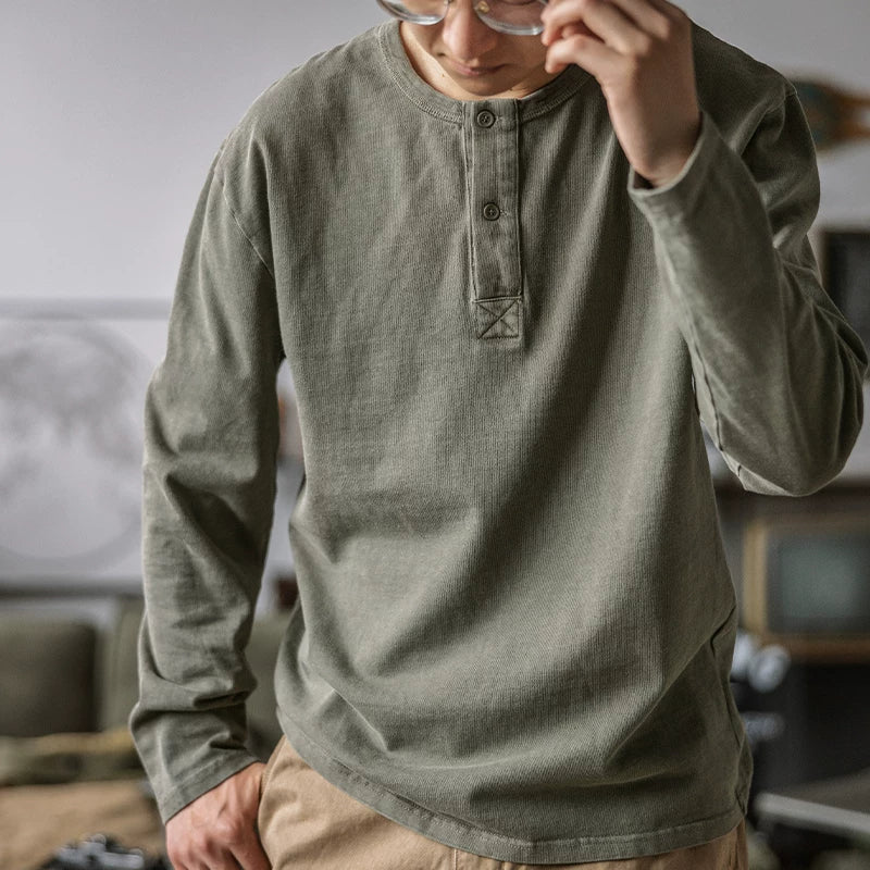 Indigo American Retro Yuyulmuş Batik Henley Köynək T-shirt Çətin Möhkəm Boş Açıq Yaxalıqlı Uzun Qollu Köynək Kişi Yaz
