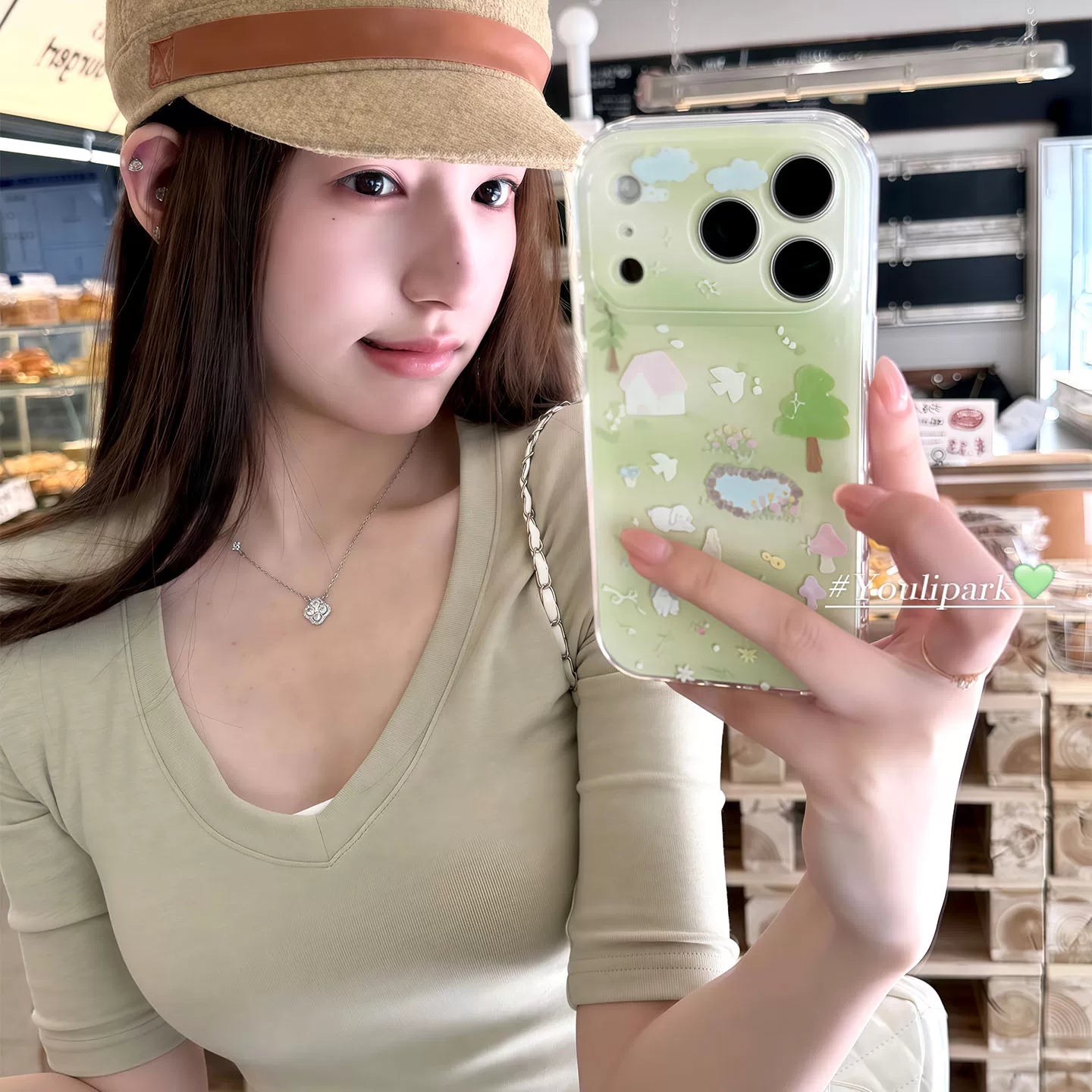 Yuri Park ins Koreya baharı şirin yaşıl çəmən balası illüstrasiya 17 17pro Apple 17ProMax cib telefonu qabı iPhone16 hər şey daxil 14 yeni 16Promax qoruyucu qutu