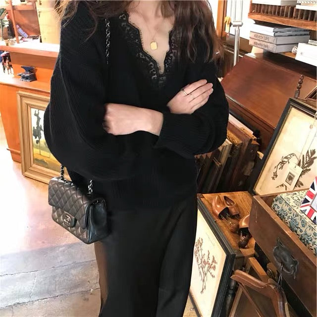 Qara rəngli krujeva ilə bəzədilmiş V-yaxalı toxunma sviter, qadın sviteri, payız və qış üçün geniş üst geyimi, iç geyimi.