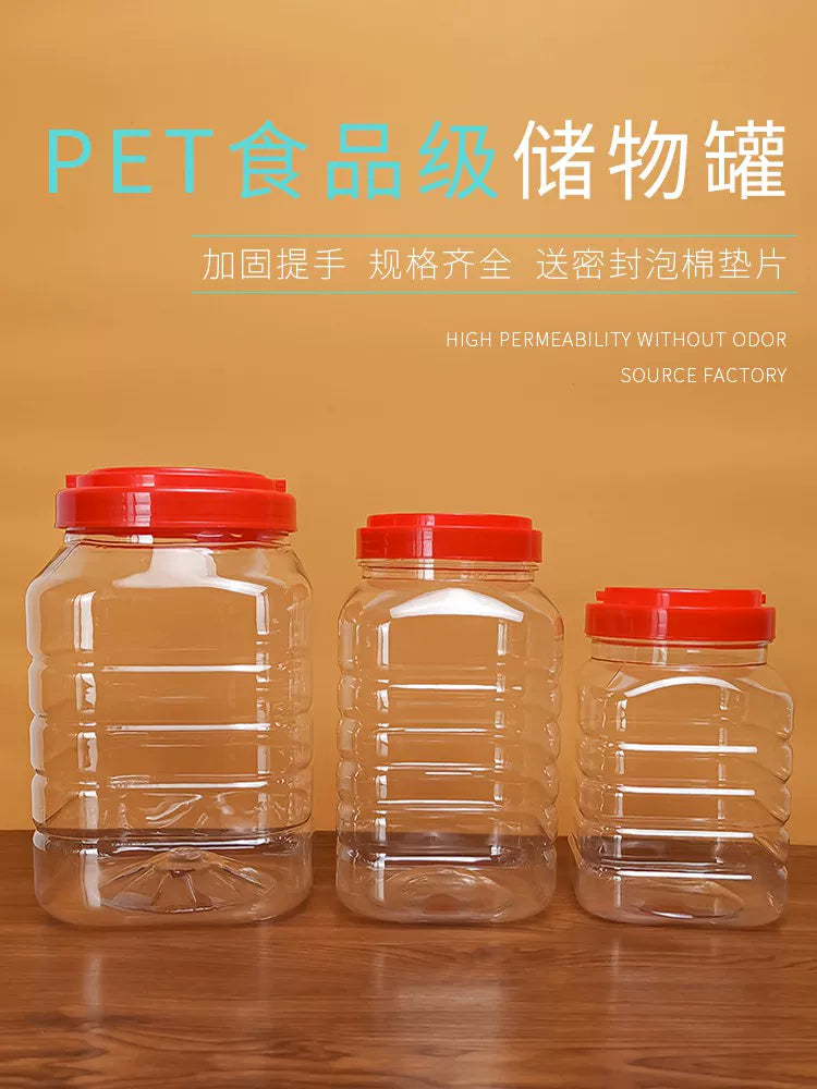 Baosheng plastik şüşə möhürlənmiş plastik banka bal şüşəsi qapaqlı böyük diametrli qida dərəcəli kvadrat şəffaf qablaşdırma