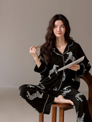 Jialefen Qadınlar üçün Yaz və Payız Modalı Uzunqollu Ev Geyimi Yay İncə Zebra Dəsti Qara Yüksək Ucuz Stil