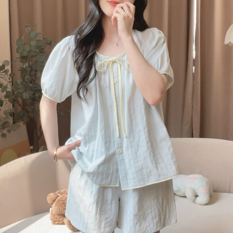 2026 yay yeni təmiz pambıq pijama qadın qısaqol şort və şalvar üç hissədən ibarət şirin ev geyimi dəsti döş yastıqları ilə