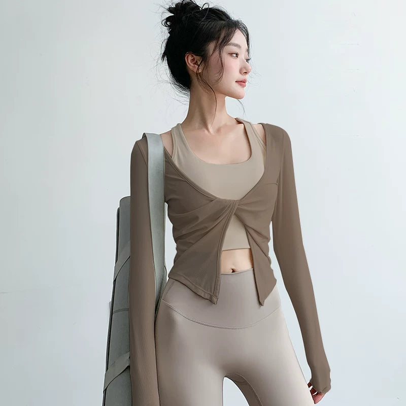Ağırlıqqaldırma Fairy Yoqa Geyimi Qadın Payız İdmanı Uzunqollu Qaçış Pilates Məşqi Zərbəyə davamlı Fitnes Geyimi Dəsti