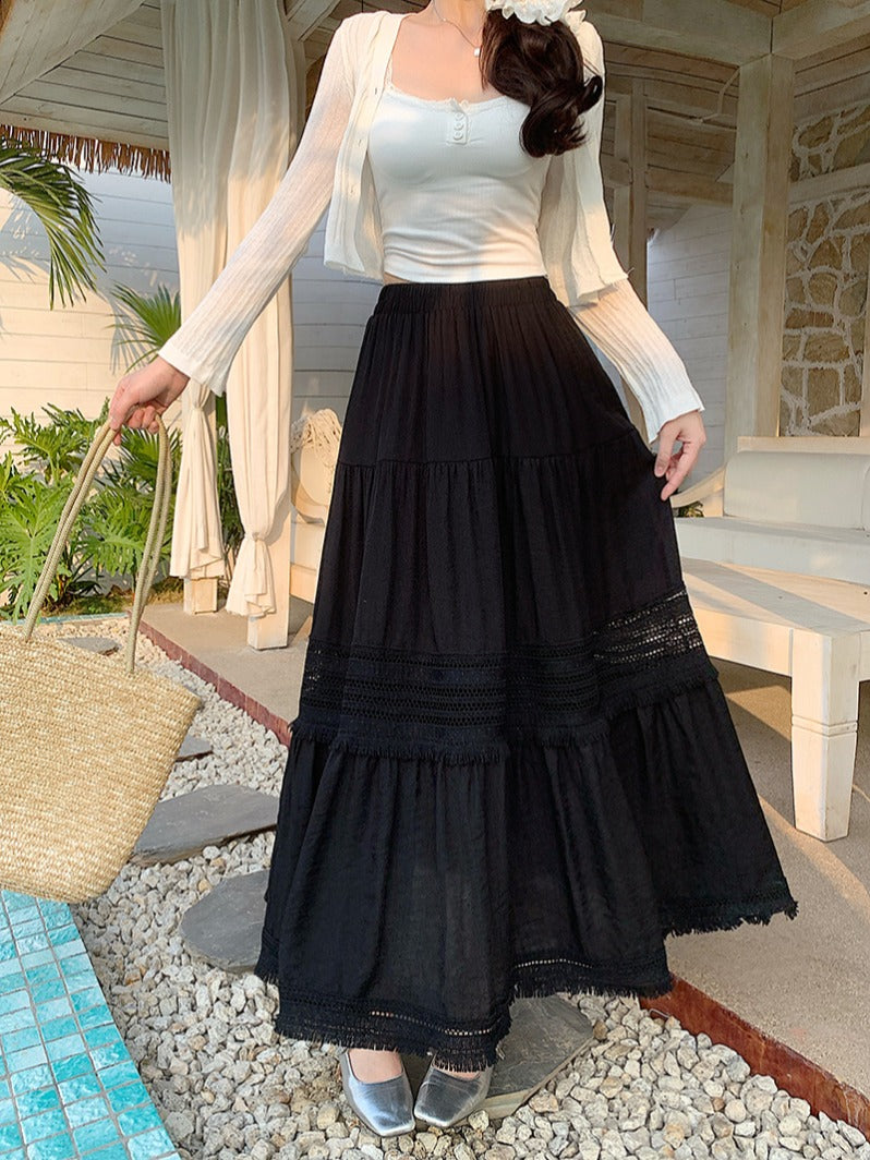 Artıq ölçülü qadınlar üçün yüksək belli, püsküllü A-xəttli ətək, yeni yay stili, artıq ölçülü qadınlar üçün gözəl və arıqladıcıdır.