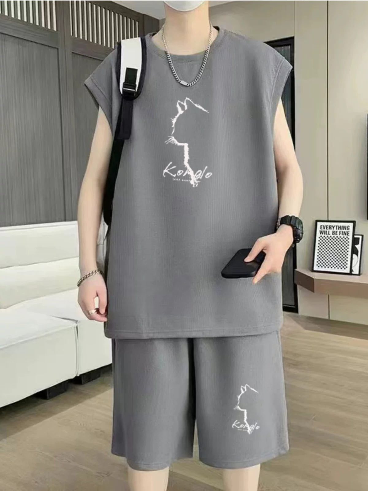 Kişilər üçün moda brend təsadüfi idman kostyumu, yay boş qolsuz jilet və yaraşıqlı kişi kostyumu ilə iki hissəli şort dəsti