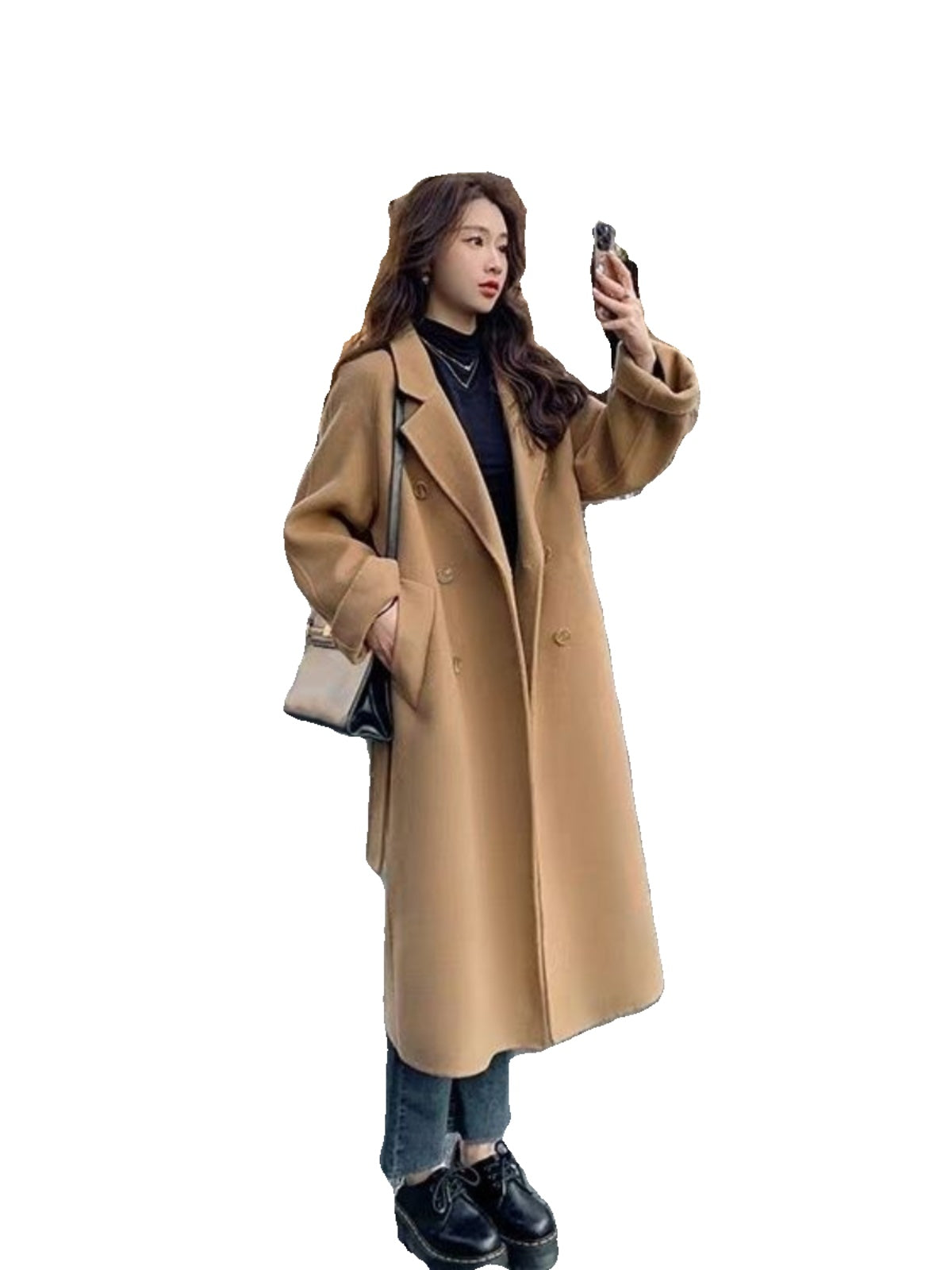 Qara yun palto, Koreya üslubunda, arıqladıcı, kiçik, zərif, orta uzunluqlu, yüksək səviyyəli, unikal, qadınlar üçün qalın blazer gödəkçə.