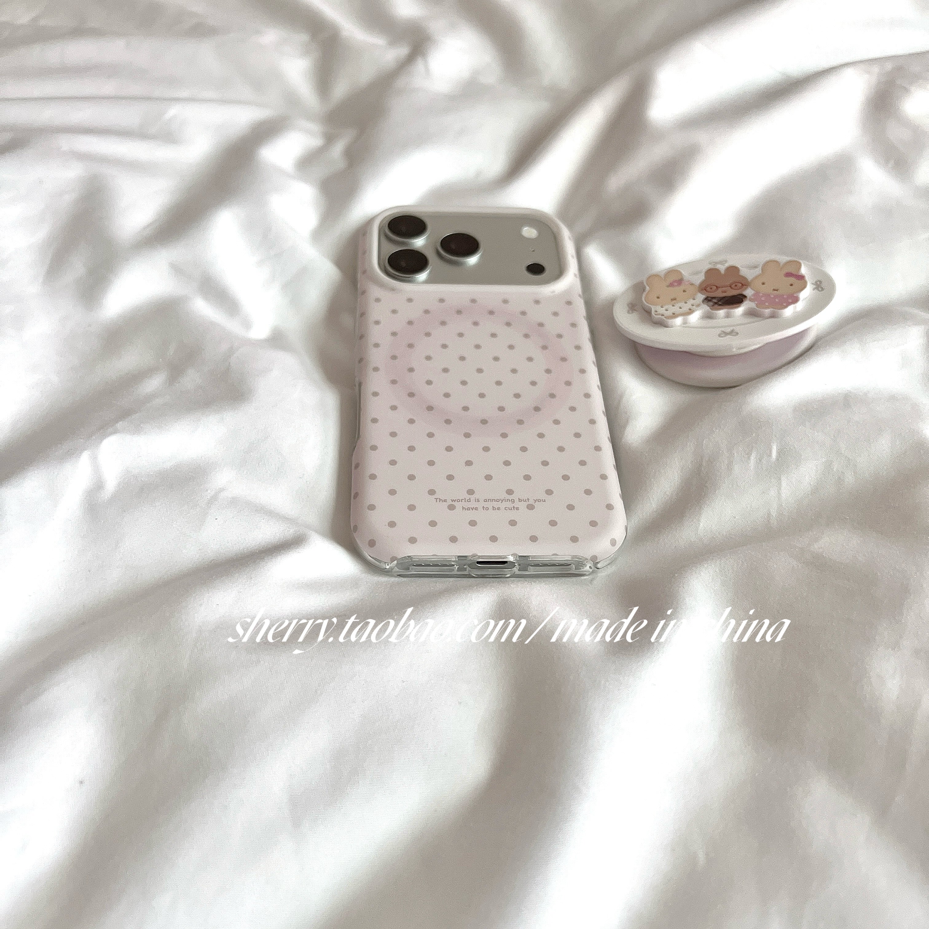 SHERRY*ins külək çəhrayı dəri hiss edən polka nöqtəli maqnit dovşan Apple 17ProMax mobil telefon qutusu iPhone16Pro niş qız ürəyi 15 sadə 14 kiçik təzə cizgi filmi sevimli