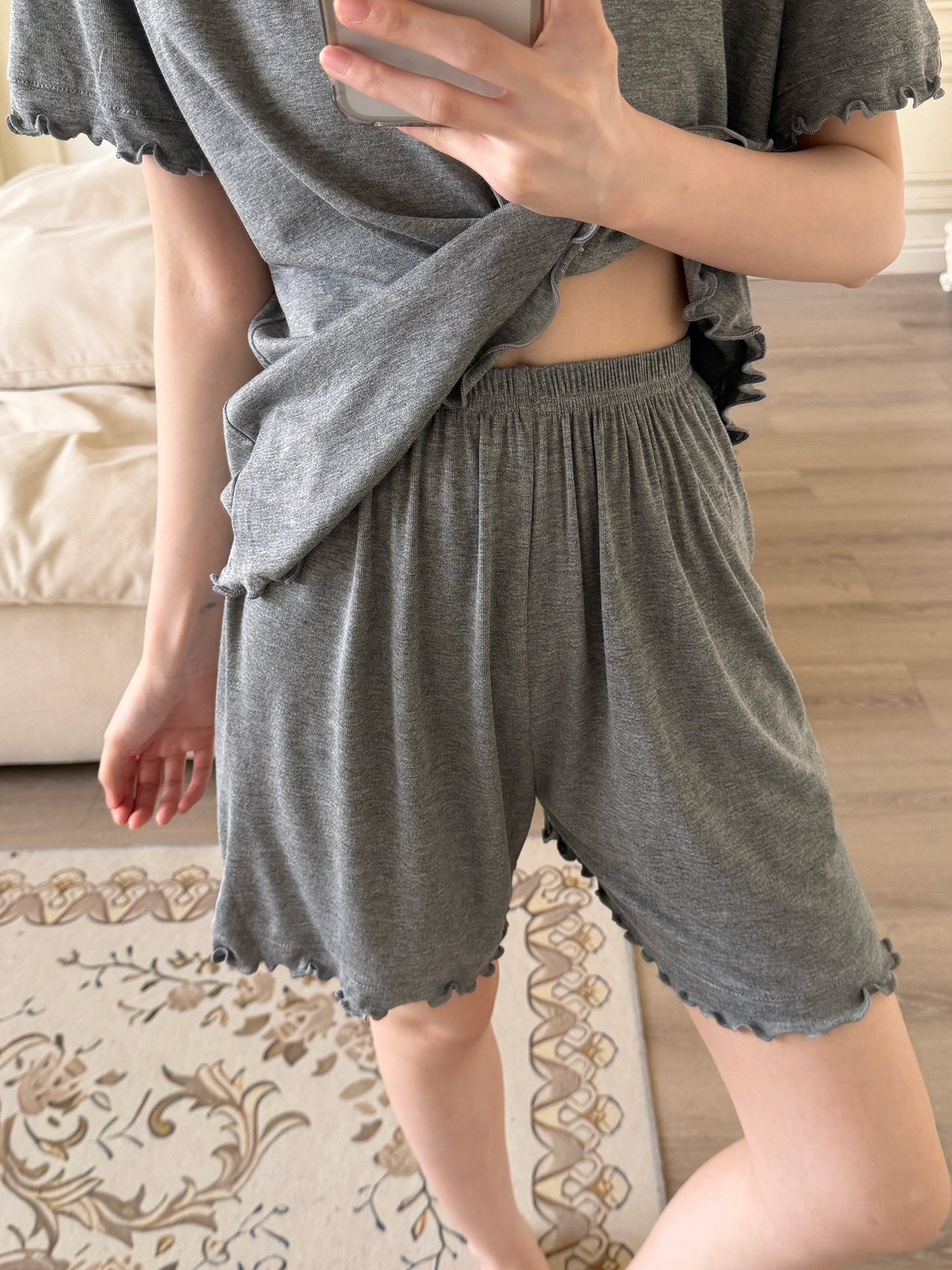 Qadınlar üçün pijama yay modal kiçik yaxa göbələk qısaqol şort nazik boş təsadüfi iki parça ev paltarı