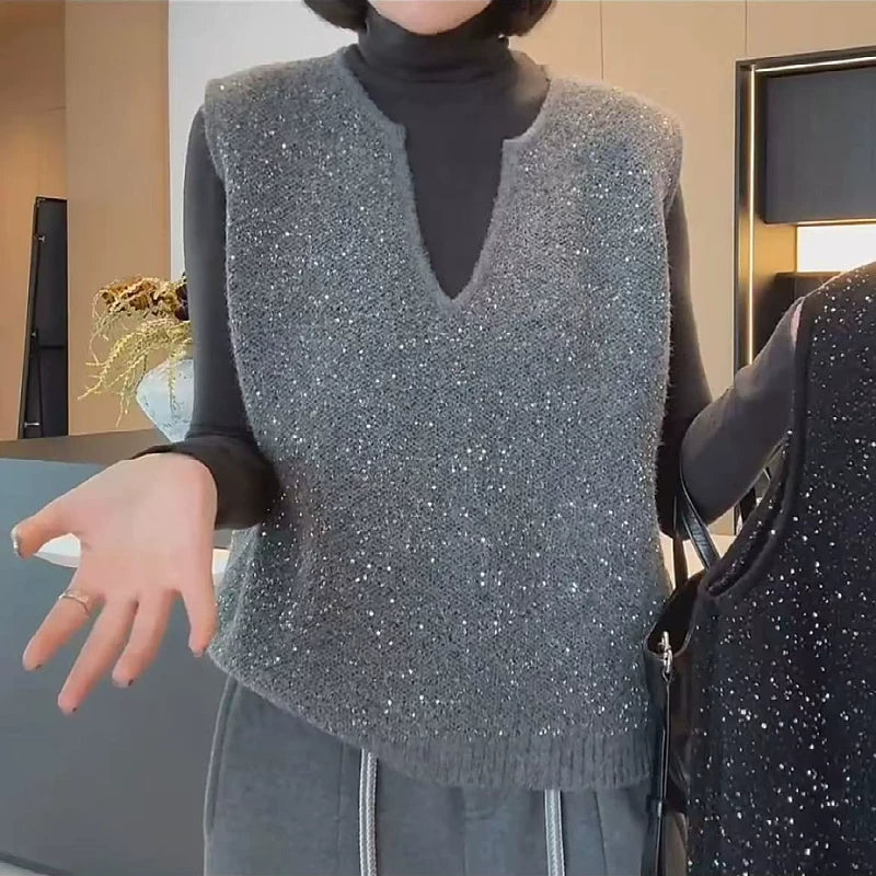 Qadınlar üçün Avropa üslubunda muncuqlu qolsuz toxunma jilet, yay üslubunda, böyük ölçüdə, geniş formada, yüksək səviyyəli hiss.