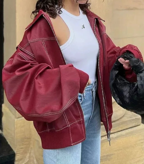 Qadınlar üçün çoxfunksiyalı yaxalı dəri gödəkçə