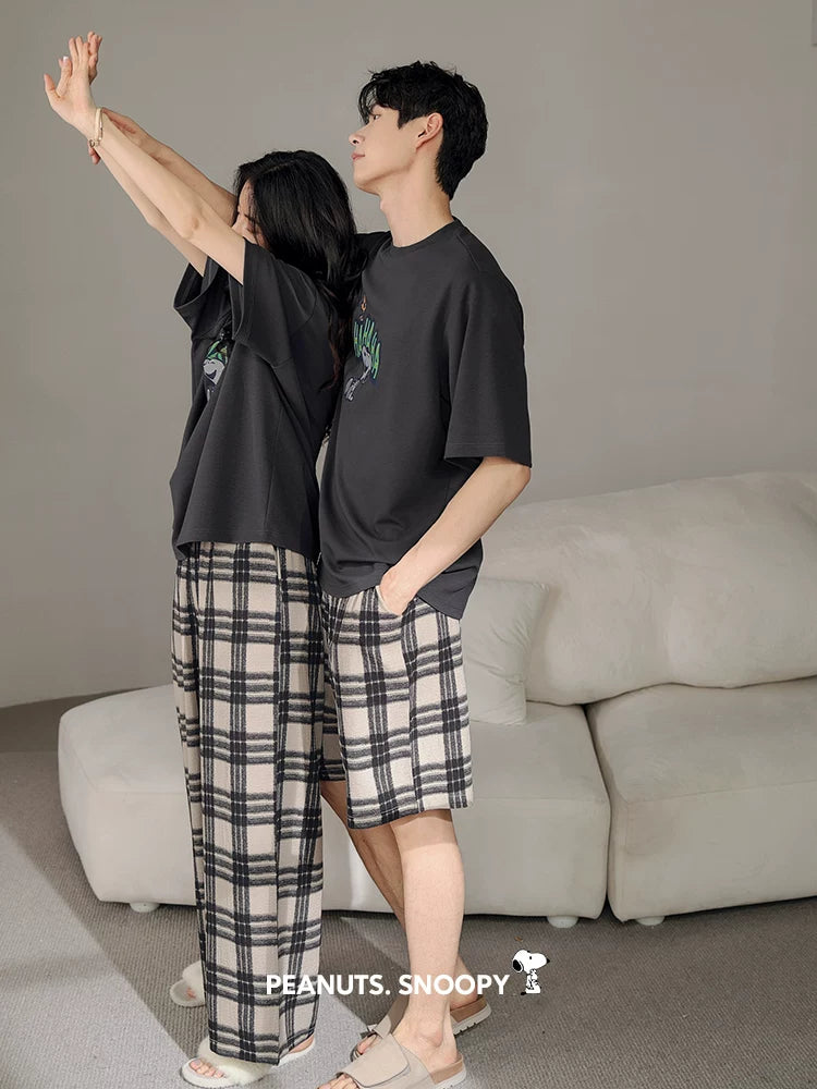 Beiyan yay nazik pambıq qısaqol cüt pijama qadınlar üçün Snoopy sərin ev geyimi təsadüfi böyük ölçülü kişi kostyumu