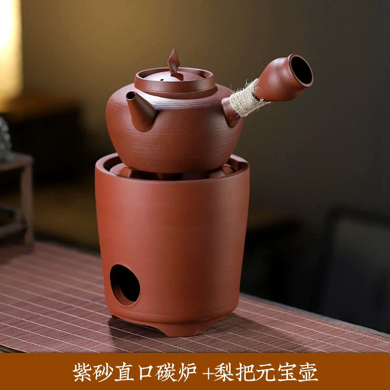 Bənövşəyi qumlu gil soba, sobanın ətrafında çay dəmləmə qabları, Çin çaydanlarının tam dəsti, Chaozhou kömür sobaları, çay sobaları, çaydanlar, kömür sobaları