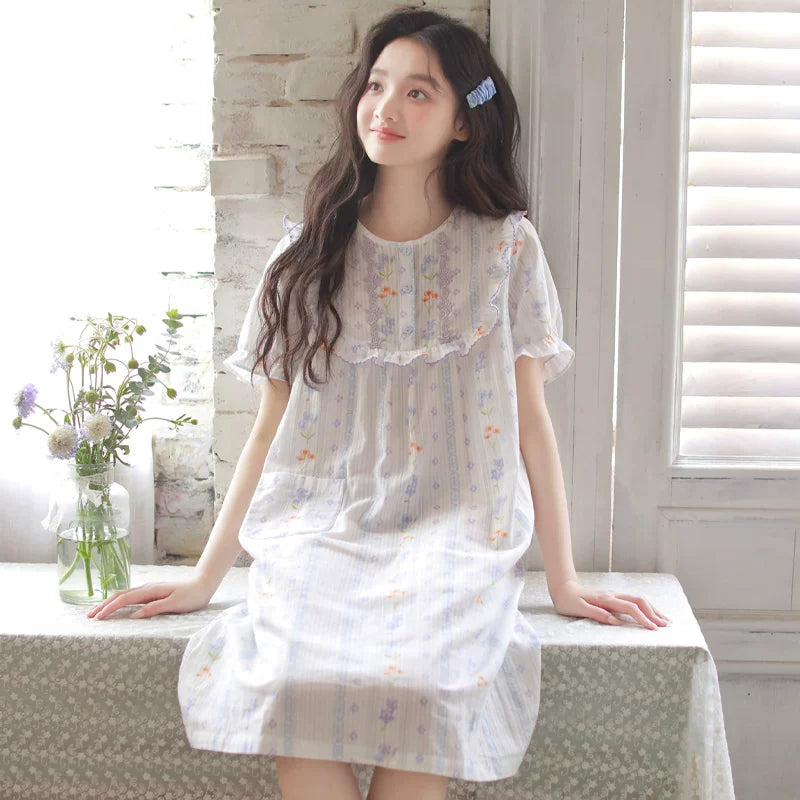 Qadınlar üçün gecəlik yay şahzadə üslubunda qısaqol 2026 yay yeni pijama təmiz pambıq doka şirin girly pambıq ev paltarı