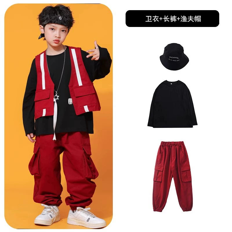 Küçə rəqsləri uşaqlar üçün dəbli, gözəl oğlanlar üçün hip-hop performansı jileti, üç hissəli hip-hop küçə performansı kostyumu.
