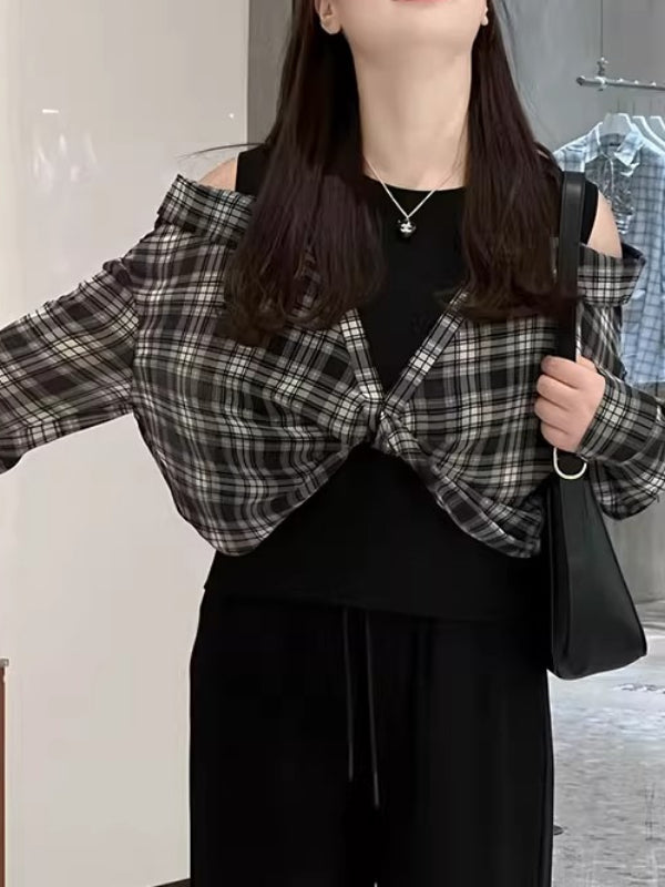 Böyük ölçülü dizayn, süni iki hissəli, çiyinləri açıq dama-dama köynək, böyük ölçülü qadınlar üçün yeni yaz üslubunda, geniş formalı, super arıqladıcı köynək.