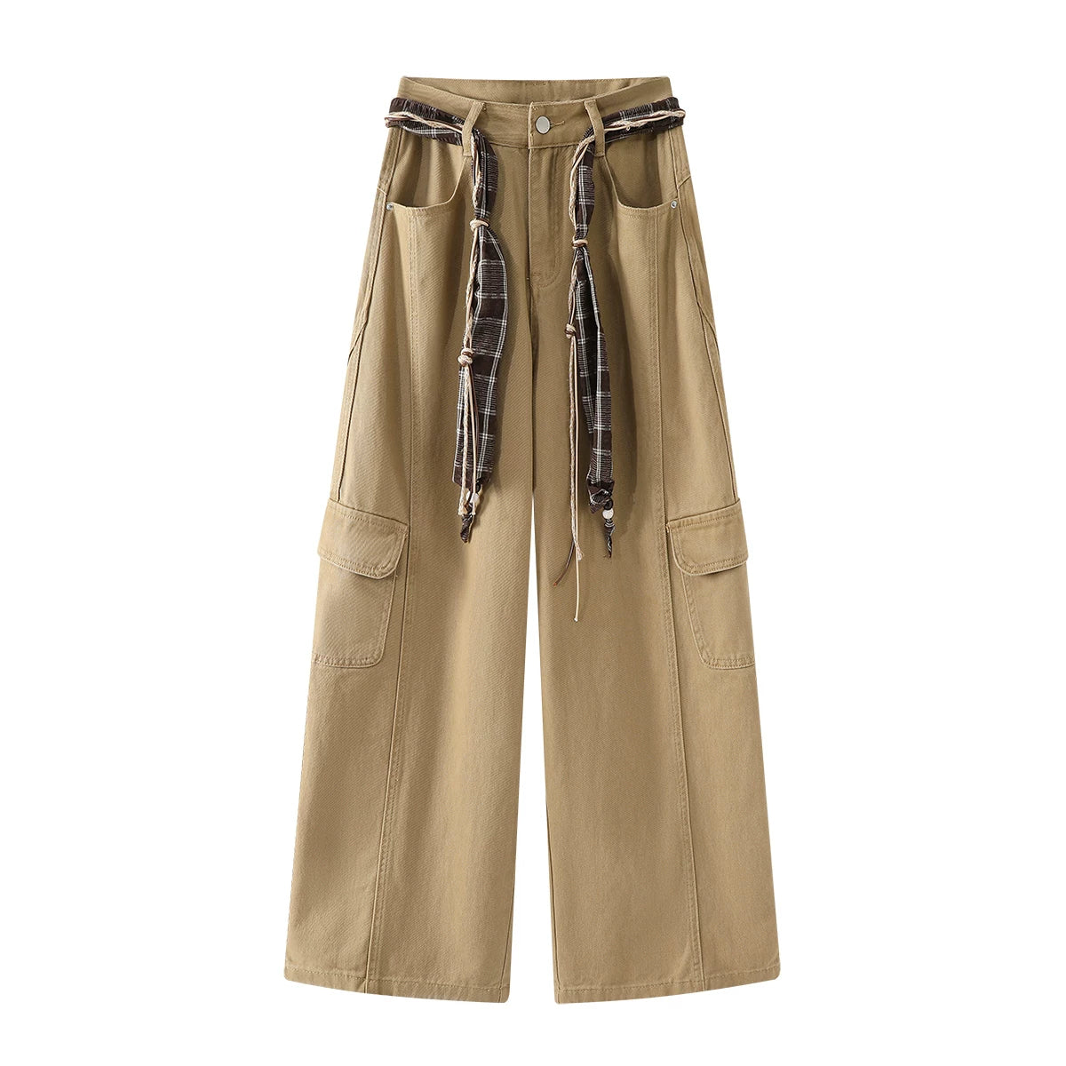 Cholisa xaki cins şalvar, qadın payız 2025 yeni stil yük şalvarı, Amerikalı cazibədar qız dizaynı, yüksək belli uzun şalvar