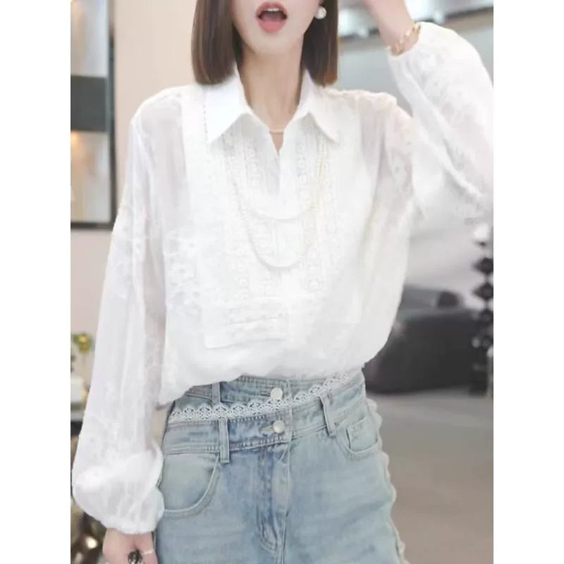 Qadınlar üçün böyük ölçülü krujeva bluza, yaz üslubunda, boş formada, arıqlama üçün, dəbdəbəli, gənc, nazik örtüklü top