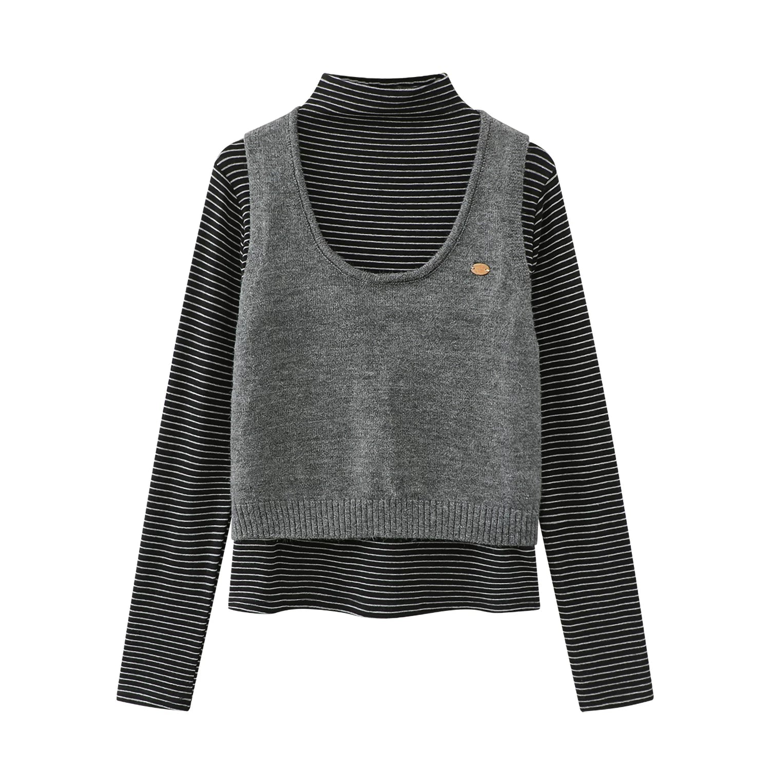 Cholisa Sviter Jilet Trikotaj Dəsti - Payız/Qış Geyimi: Qadınlar üçün Zolaqlı Əsas Qatlarla Tam İki Parçalı Dəst