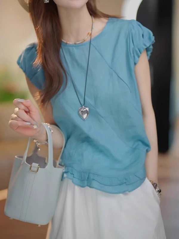 Fransız üslubunda büzməli, dairəvi yaxalı, qısaqol köynək, 2026-cı ilin yayı üçün yeni model, böyük ölçüdə, geniş dizaynlı, gənclik üçün köynək.