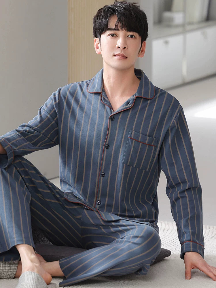 Langsha Kişilər üçün Təmiz Pambıq Pijama 2025 Yeni Yaz və Payız Nazik Uzunqollu Böyük Ölçülü Payız və Qış Kişilər üçün Ev Geyimləri Dəsti