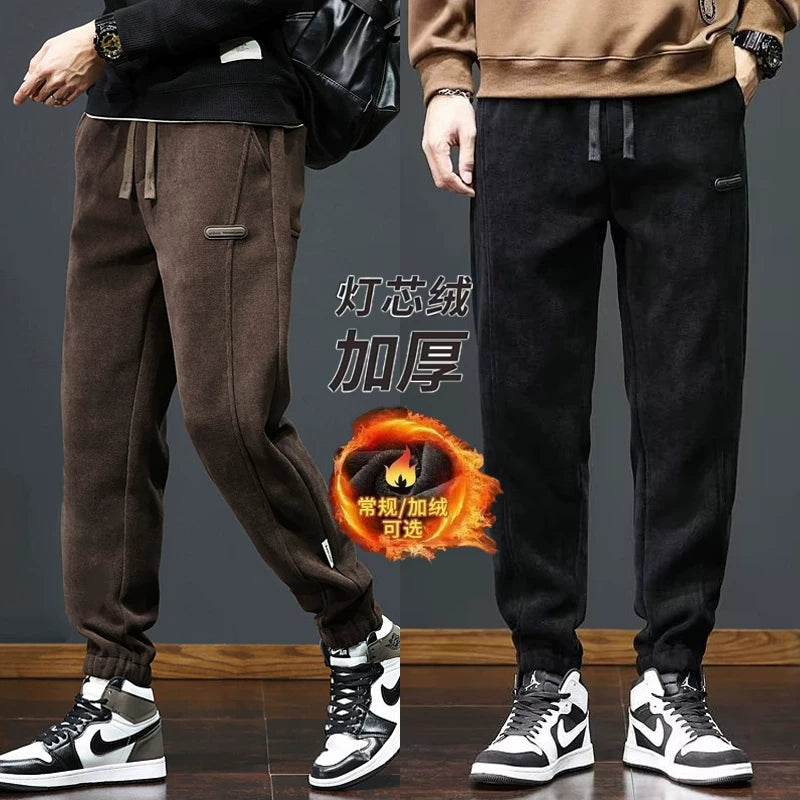 Kişilər üçün 2025-ci ilin yaz və payız şalvarları Yeni Stil, Yun astarlı məxmər gündəlik şalvarlar, Boş Fit, İdman şalvarları, Uzun şalvarlar, Dəbli