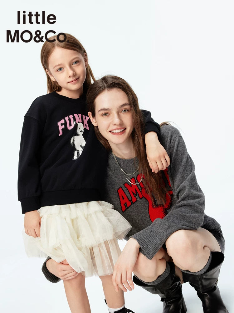 Little Moco uşaq geyimləri, yaz və payız qızlar üçün dairəvi yaxalı sviter, naxışlı sviter, uşaq topu.