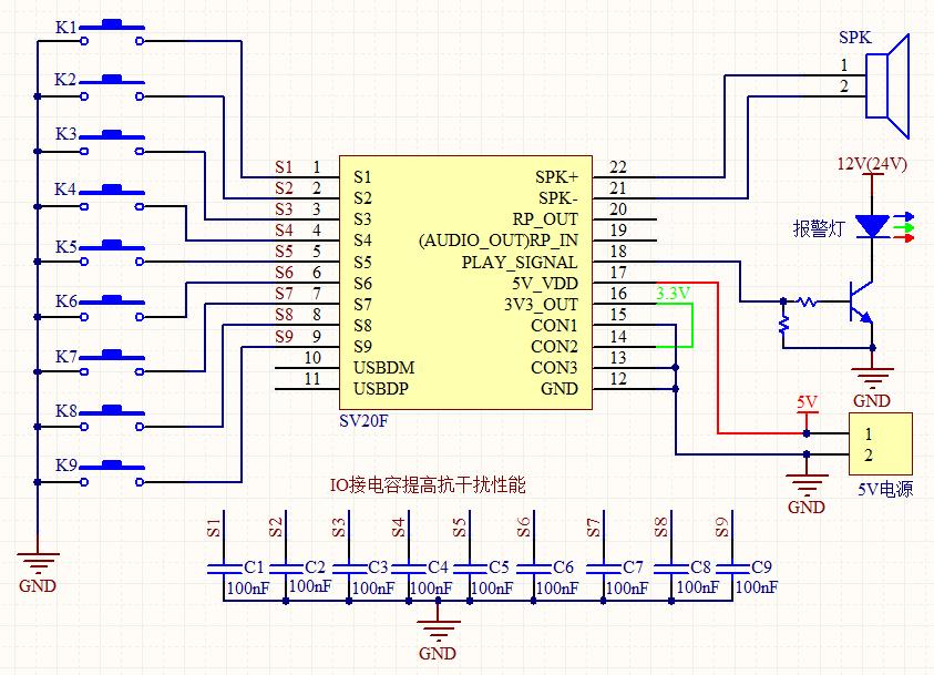 5W güc səsli MP3 oxutma idarəetmə modulu tək-tək tetikleyici 32M yaddaş xüsusi audio SV20F