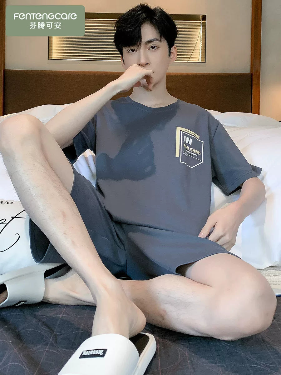 Kişilər üçün pijama yay təmiz pambıq nazik qısaqol şort kostyumdan kənarda geyinmək olar təsadüfi böyük ölçülü kişi sərin ev paltarı