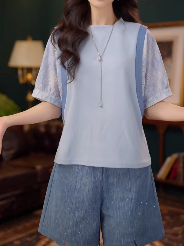 Qadınlar üçün böyük ölçülü, unikal iki hissəli qısaqol köynək, yay üslubunda, geniş və şık.