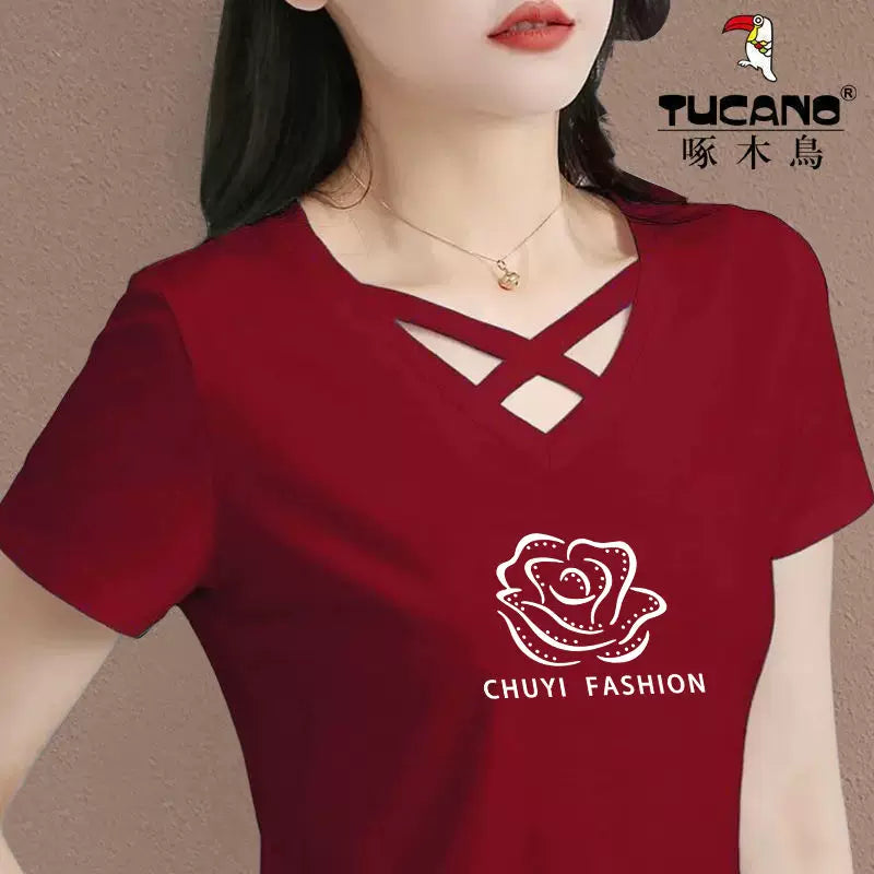 Clearance clearance Woodpecker marka böyük ölçülü qısaqol çaplı moda köynək qadınlar üçün yay V-yaxalı içi boş pambıq top