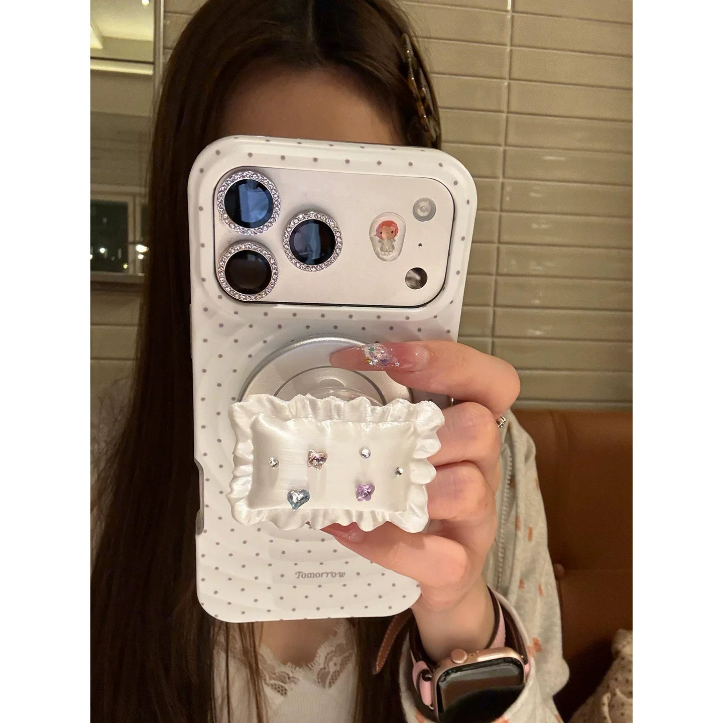 Koreya ins polka nöqtəli qiymətli daş yastıq maqnit tutacağı iPhone17pro Apple 16 mobil telefon qutusu 17promax hər şey daxil iPhone17 yıxılmağa qarşı qoruyucu örtük 16promax şəxsiyyət 15
