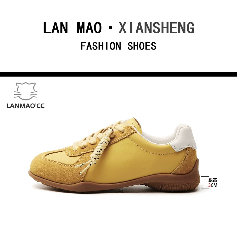 Super soft lambskin~ Maillard brown German sneakers for women, hidden wedge heel, 2025 fall new fashion, lace-up casual shoes.