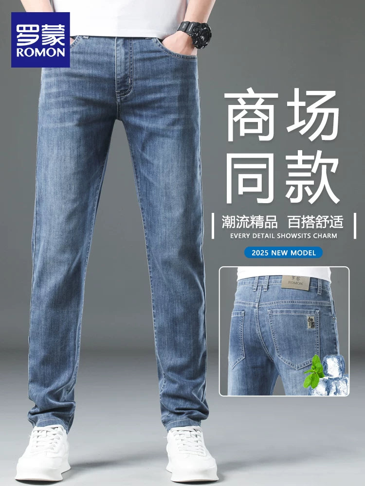 Luo Meng Yay İncə Jeans Kişi Buz İpək Stretch İncə Düz Kişi Şalvar 2026 Yeni Ultra İncə Gündəlik Şalvar