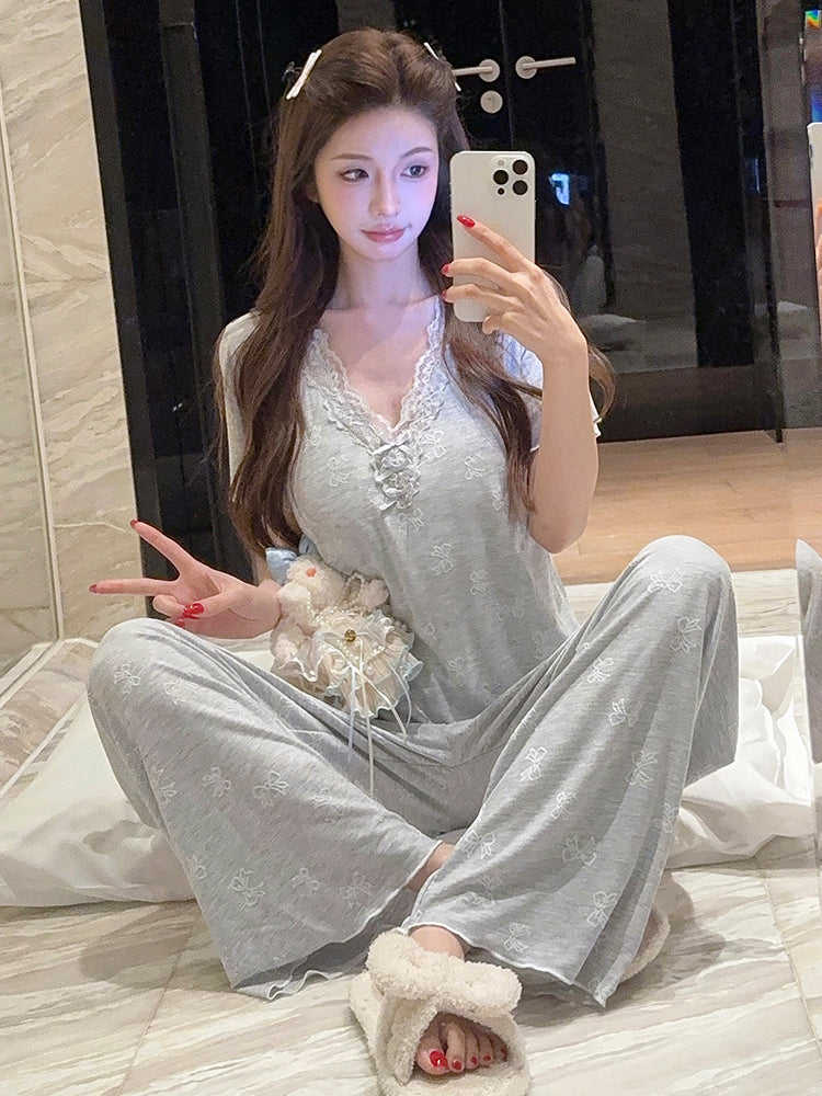 Qadınlar üçün sərin modal pijama yastiqli qısaqol şalvar dəsti ilə seksi krujeva ev geyimi nazik kəsikli