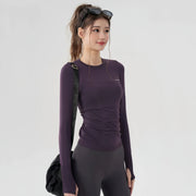 Kələm tez quruyan yoqa paltarı, slim fit nəfəs ala bilən idman zirvələri dəyirmi boyunlu elastik Pilates qaçış uzunqolları