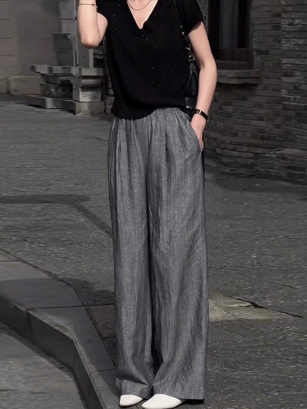 Qadın kətan gündəlik şalvarı, yay üçün nazik model, böyük ölçüdə, arıqladıcı, armud formalı, geniş və rahat, yerə qədər uzanan şalvar
