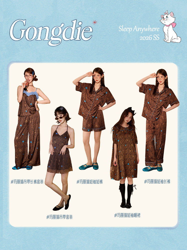 Gongdie [sərin tip] Disney Marie Cat asma pijama qadınların yay üçün buz ipək ev paltarı geyinməsi üçün döş yastiqciqları ilə